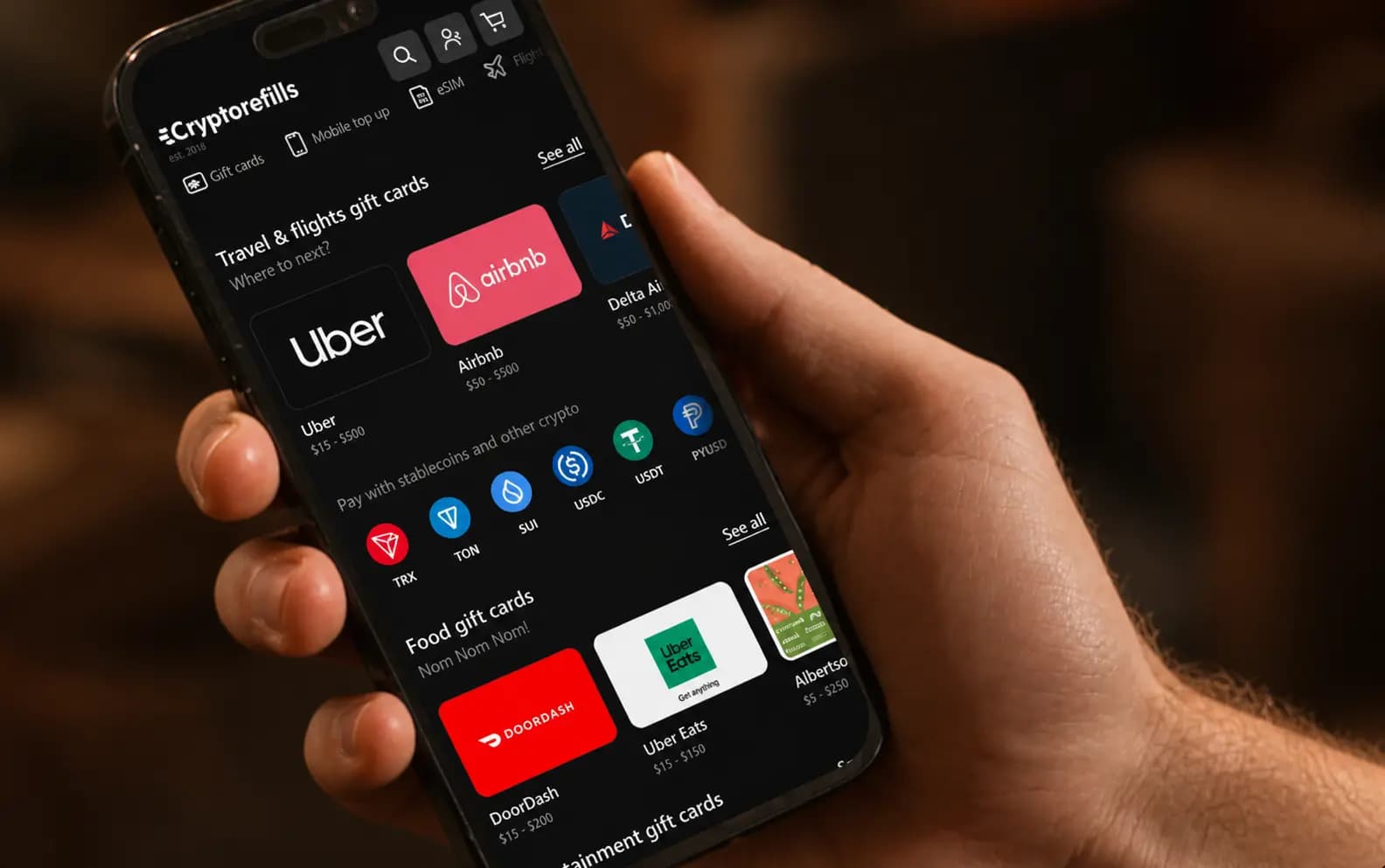 Browse gift cards and mobile top ups